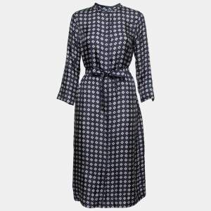 S'Max Mara Navy Blue Printed Silk Farea Belted Shirt Dress S
