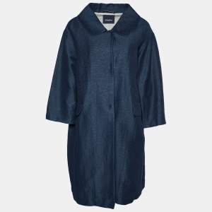 S'Max Mara Navy Blue Textured Cotton & Silk Oversized Button Front Coat M