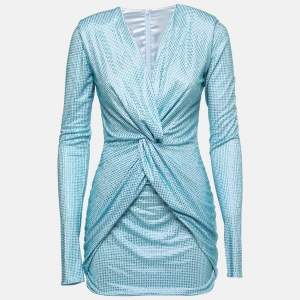 Sofi Milo Blue Embellished Jersey Draped Long Sleeve Mini Dress S