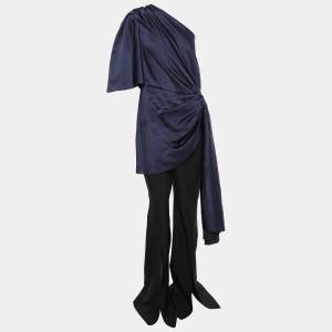 Solace London Blue/Black Textured Crepe One Shoulder Jumpsuit L
