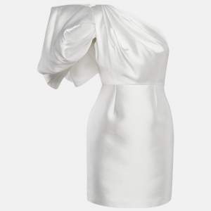 Solace London White Crepe One-Shoulder Puff Sleeve Hayes Mini Dress S