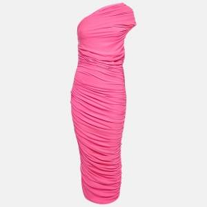 Solace London Pink Ruched Jersey One-Shoulder Amaya Midi Dress M