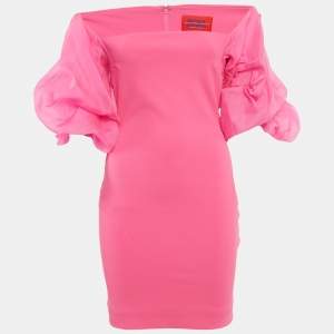 Solace London Pink Crepe Puff Sleeve Ellice Mini Dress S
