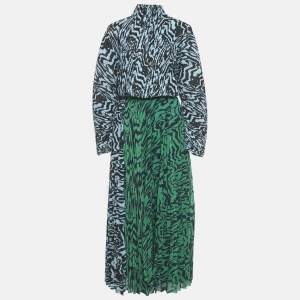 Pre Owned Solace London Blue/Green Printed Plisse Top and Skirt Set S/M