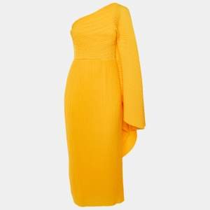 مملوكة مسبقًا Solace London Yellow Crepe Drape Shoulder Lila Midi Dress S 