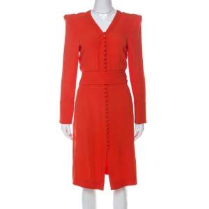 Sonia Rykiel Orange Crepe Button Front Power Shoulder Belted Dress L