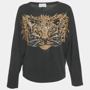 Pre Owned Sonia Rykiel Black Tiger Print Jersey Beaded Top L