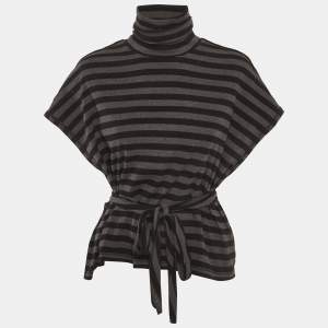 Pre Owned Sonia Rykiel Grey Striped Jersey Belted Top M