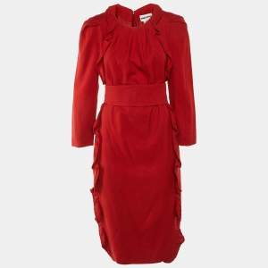 مملوكة مسبقًا Sonia Rykiel Red Wool & Silk Belted Midi Dress L