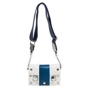 Sonia Rykiel White/Blue Leather Studded Flap Crossbody Bag