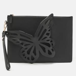 Pre Owned Sophia Webster Black Leather Flossy Butterfly Wristlet Clutch