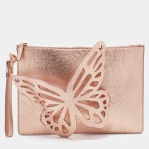 Sophia Webster Metallic Rosegold Leather Butterfly Wristlet Pouch