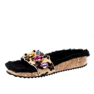 Sophia Webster Beige Leopard Print Calf Hair Crystal Embellished Slides Size 40.5