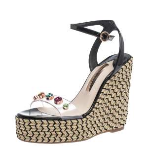 Sophia Webster Black Patent Leather and PVC Dina Crystal Studded Wedge Espadrille Platform Ankle Strap Sandals Size 39