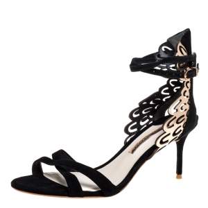 Sophia Webster Black Suede and Laser Cut Rose Gold Leather Micah Open Toe Sandals Size 40