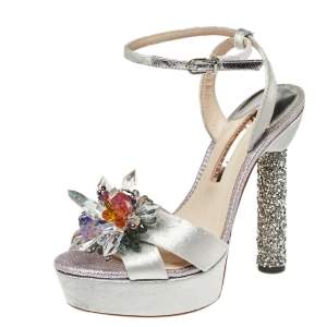 Sophia Webster Grey Velvet Glacia Embellished Platform Ankle Strap Sandals Size 39