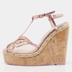 Sophia Webster Metallic Pink Leather and Mesh Farfalla Wedge Sandals Size 37