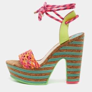 Sophia Webster Multicolor Woven Leather Jade Cork Platform Ankle Wrap Sandals Size 41