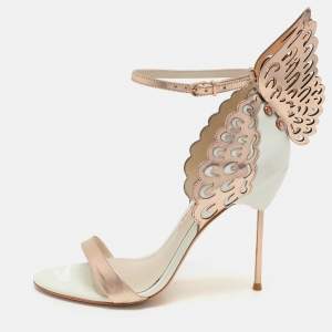 Sophia Webster White/Rose Gold Leather Evangeline Laser Cut Angel Wing Ankle Strap Sandals Size 41