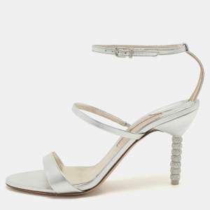 Sophia Webster Silver Leather Rosalind Crystal Heel Ankle Strap Open Toe Sandals Size 40
