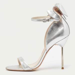 Sophia Webster Silver Leather Chiara Bow Ankle Strap Sandals Size 39