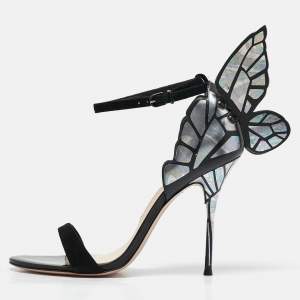 Sophia Webster Black Iridescent Leather Chiara Butterfly Sandals Size 38