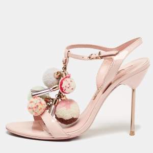 Sophia Webster Pink Patent Leather Layla Pom Pom Embellished T Strap Sandals Size 38