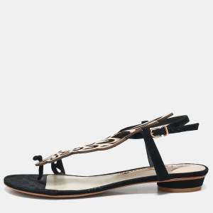 Sophia Webster Metallic/Black Suede and Leather Seraphina Flat Sandals Size 39.5