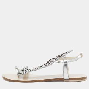 Pre Owned Sophia Webster Silver Leather Madame Butterfly Slingback Flat Slides Size 41