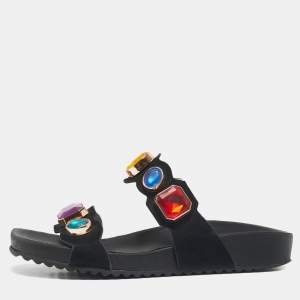 Pre Owned Sophia Webster Black Suede Crystal Embellished Flat Sandals Size 38