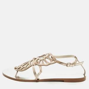 Pre Owned Sophia Webster Gold Leather Butterfly Ankle Strap Slingback Flats Size 39