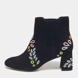 Pre Owned Sophia Webster Black Embroidered Suede Liliana Ankle Length Boots Size 37