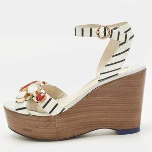 Pre Owned Sophia Webster White Leather Suki Gem Ankle Strap Wedge Sandals Size 40.5