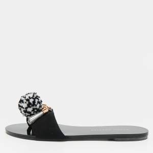 مملوكة مسبقًا Sophia Webster Jada Size 35.5 Black Suede Pom Pom Flat Slide