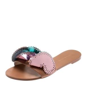 Sophia Webster Metallic Multicolor Laser Cut Leather Soleil Flat Slides Size 39