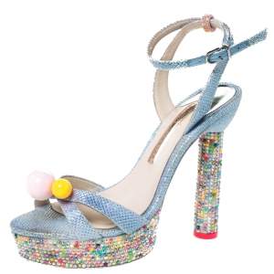 Sophia Webster Blue Glitter Fabric Loren Dreamy Crystal Embellished Platform Sandals Size 37.5