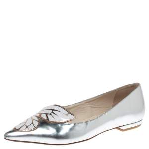 Sophia Webster Metallic Silver Leather Bibi Butterfly Pointed Toe Ballet Flats Size 37.5