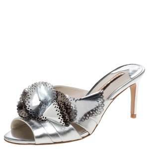 Sophia Webster Metallic Silver Laser Cut Leather Soleil Mules Size 36