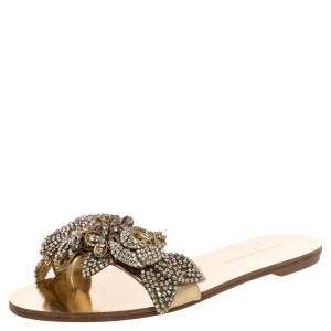 Sophia Webster Gold Mirror Leather Lilico Crystal Embellished Slide Flats Size 36.5