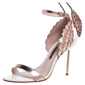 Pre Owned Sophia Webster Rose Gold/White Leather Evangeline Laser Cut Angel Wing Ankle Strap Sandals Size 38.5