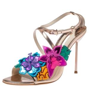 Sophia Webster Rose Gold Foil Leather Hula Floral Embellished Crisscross Sandals Size 38