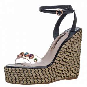 Sophia Webster Black Patent Leather and PVC Dina Crystal Studded Wedge Espadrille Platform Sandals Size 38