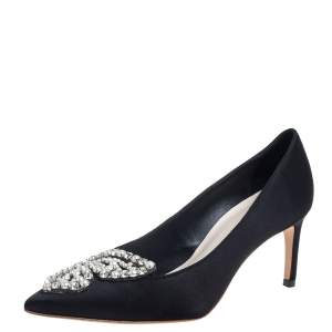 Pre Owned Sophia Webster Black Satin Crystal Embellished Bibi Pumps Size 36.5