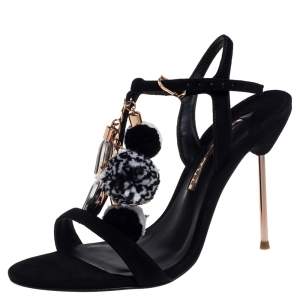 Sophia Webster Black Suede Layla Pom Pom Embellished T-Strap Sandals Size 40