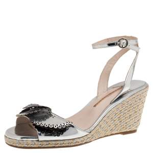 Sophia Webster Silver Patent Leather Soleil Lucita Espadrille-Wedge Sandals Size 40