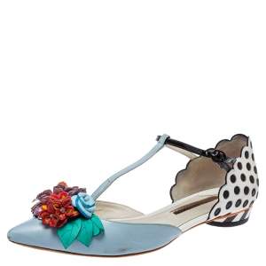 Sophia Webster Blue Leather Nina T- Strap Flat Sandals Size 39.5