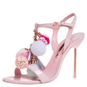 Pre Owned Sophia Webster Pink Patent Leather Layla Pom Pom Embellished T Strap Sandals Size 38