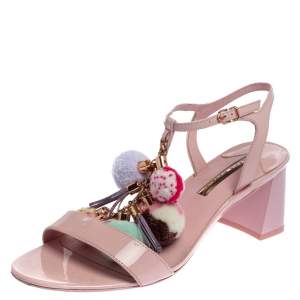 Pre Owned Sophia Webster Pink Patent Leather Juno Pom Pom Embellished Ankle Strap Sandals Size 41