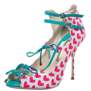 Pre Owned Sophia Webster Pink/Blue Heart Print Canvas And Patent Leather Sandals Size 38.5