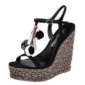 Pre Owned Sophia Webster Black Suede Pom Pom Lucita Espadrille Wedge Size 41